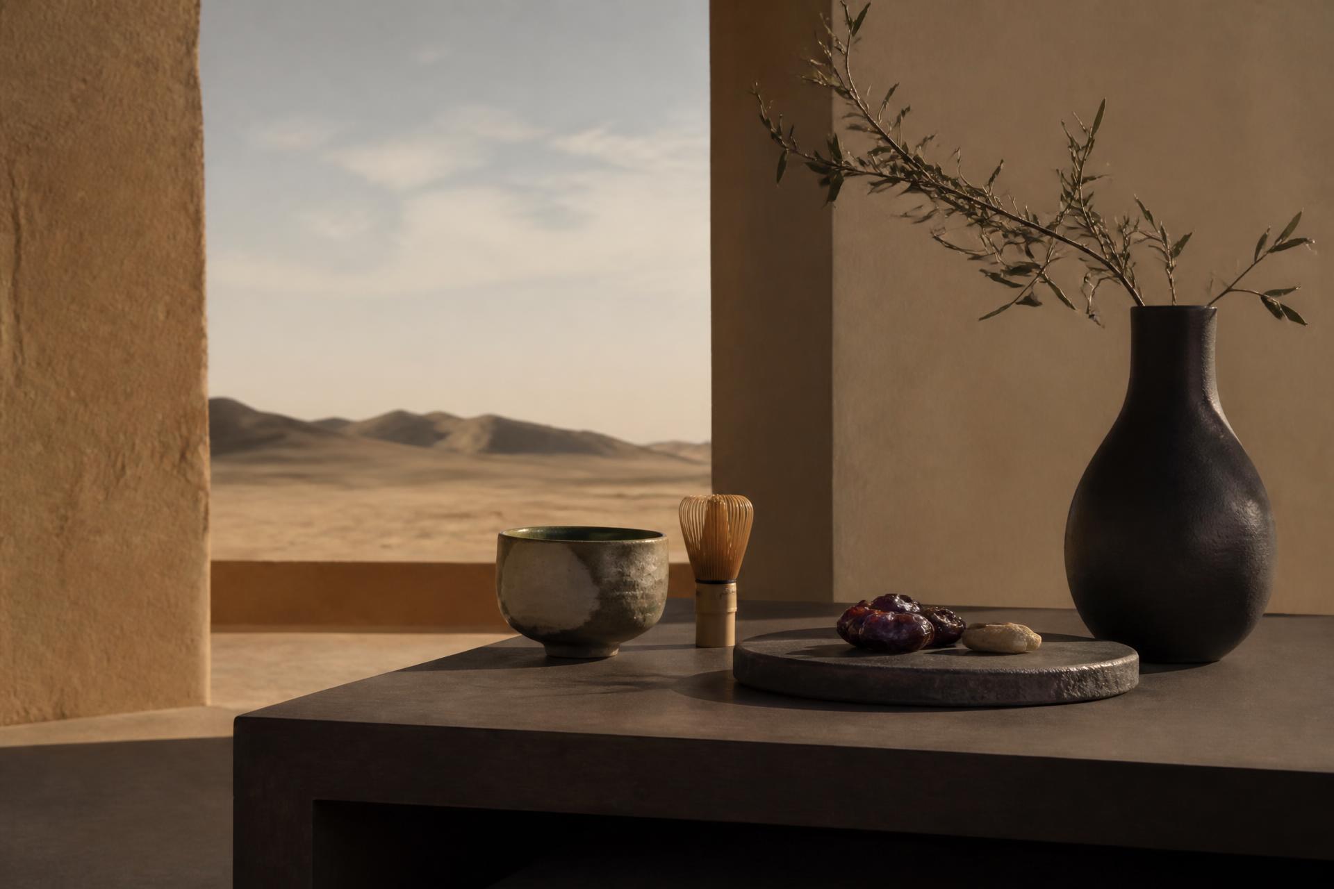 A still life joining Saudi Arabian and Japanese craft under desert light